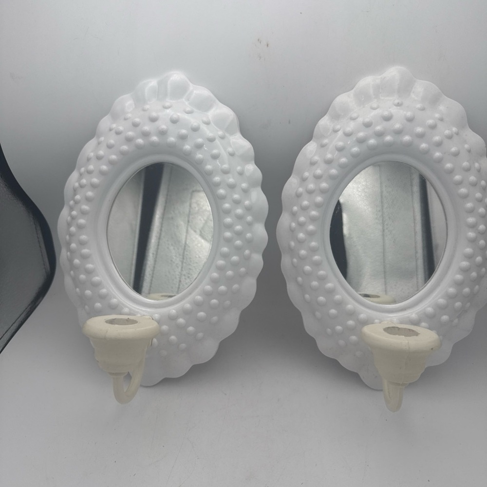 2 VTG 1985 Burwood White Plastic Hobnail Mirrored candle wall Sconces 10x7”